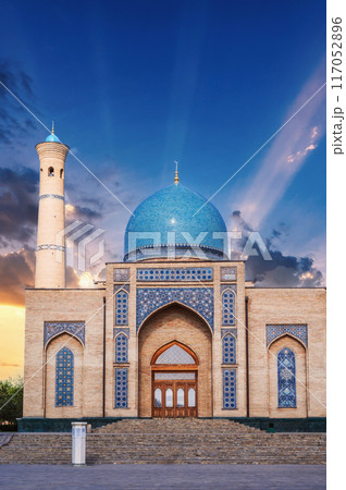 medieval Islamic mosque Hazrati Imam in Tashkent in Uzbekistan. Architectural complex Khast Imom 117052896