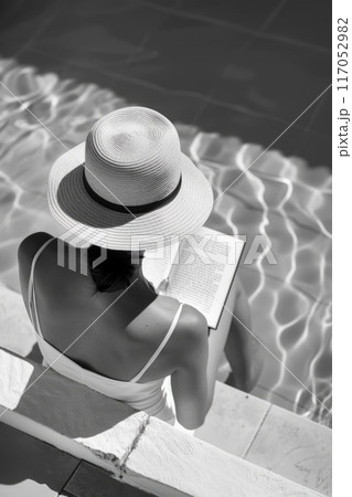 A woman is sitting in a pool reading a book 117052982