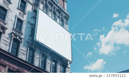 A large white sign is on the side of a building 117053121