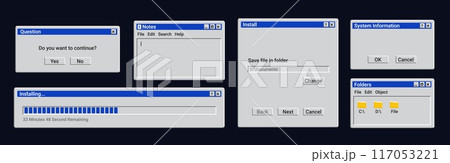 Set of old window messages. Retro loading bar on screen. Set of old window messages. Retro loading bar on screen. 117053221