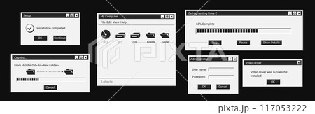 Set of digital message in black style. Old dark computer windows. 117053222
