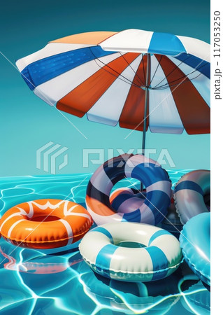 A blue, white and red striped umbrella is over a pool of inflatable rubber rings 117053250