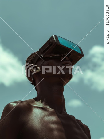 A man wearing a virtual reality headset is looking up at the sky 117053319