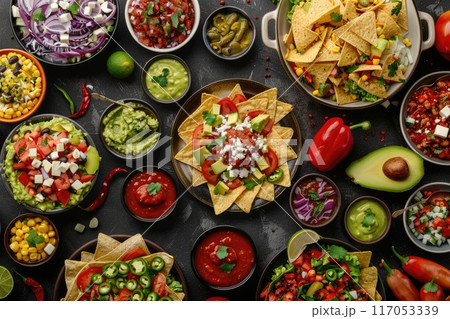 A table full of Mexican food with many different dishes and bowls 117053339