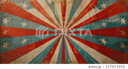 A faded, worn out poster of the American flag with stars 117053358