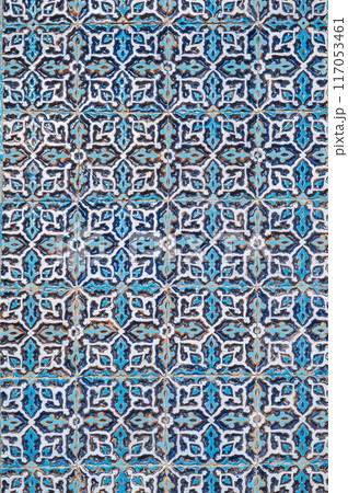 wall of ancient Muslim mosque Hazrati Imam is decorated with ceramic tiles with traditional oriental Uzbek ornament and Islamic pattern in Uzbekistan 117053461