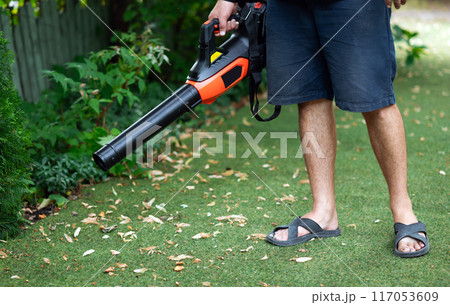 Cordless Leaf Blowers. handheld, cordless, electric leaf blower in a garden, . Autumn 117053609