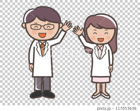 Full-body illustration of a male and female doctor (nurse) smiling and raising their hands to greet 117053636