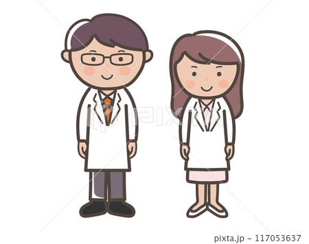 笑顔で正面を向く男女医師(看護師)の全身イラスト 笑顔で正面を向く男女医師(看護師)の全身イラスト 117053637