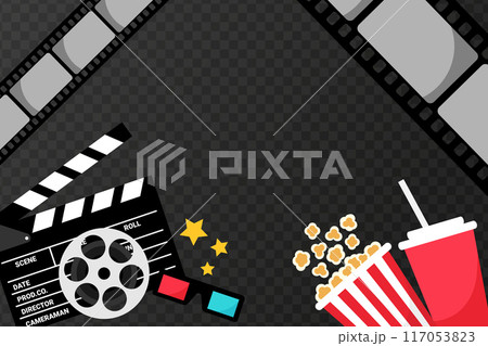 Cinema movie banner. Popcorn bucket, cold drink soda with straw, clapper board, film reel and 3d glasses. Movie film premiere template 117053823