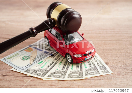 Bangkok, Thailand March 15, 2024 Car accident lawsuit and insurance, Judge hammer and money with car model. Bangkok, Thailand March 15, 2024 Car accident lawsuit and insurance, Judge hammer and money with car model. 117053947