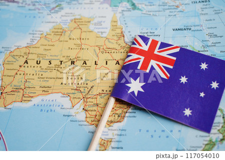 Bangkok, Thailand December 10, 2023 Australia map in world map paper. Bangkok, Thailand December 10, 2023 Australia map in world map paper. 117054010