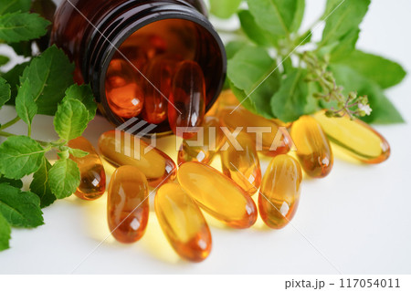Alternative medicine herbal organic capsule with vitamin E omega 3 fish oil, mineral, drug with herbs leaf natural supplements for healthy good life. 117054011