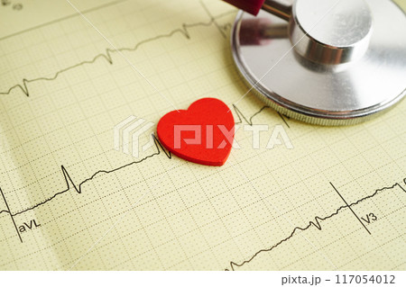 Electrocardiogram (ECG), heart wave, heart attack, cardiogram report. Electrocardiogram (ECG), heart wave, heart attack, cardiogram report. 117054012
