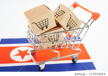 Online shopping, Shopping cart box on North Korea flag, import export, finance commerce. 117054024
