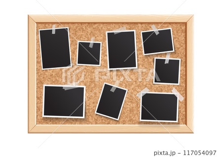 Photo frames on cork board. Blank glued photos collage. Mood board, callboard template. Memories snapshot mockup, vintage photography layout. Vector illustration 117054097
