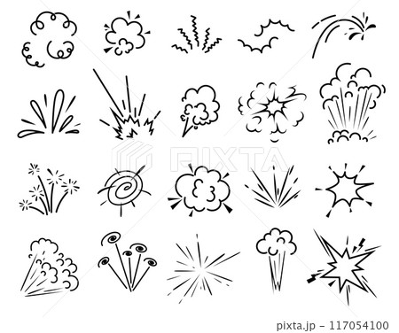 Doodle bomb explosion, cartoon comic clouds of boom bang, vector dynamite blast cloud. Bomb explode or TNT explosive comic effect of crash and bang pop spark with flash clouds in doodle line Doodle bomb explosion, cartoon comic clouds of boom bang, vector dynamite blast cloud. Bomb explode or TNT explosive comic effect of crash and bang pop spark with flash clouds in doodle line 117054100