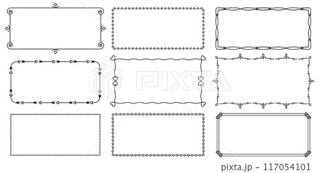 Decorative simple line frames. Simple line borders with geometric shapes and curls. Frame blank templates to decorate text vector set. Greeting for wedding frames Decorative simple line frames. Simple line borders with geometric shapes and curls. Frame blank templates to decorate text vector set. Greeting for wedding frames 117054101