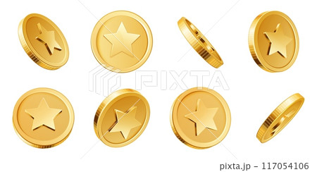 Golden coins 3D. Game gold coin, game chip with star shape turn around. Realistic vector isolated money elements for online gambling games, casino prize and investment concept 117054106