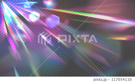 Rainbow flare background. Prism light overlay with rainbow light effect, transparent flares of crystal diamond. Glares lens spectrum of gem glass refraction, sun dispersion. Abstract vector texture Rainbow flare background. Prism light overlay with rainbow light effect, transparent flares of crystal diamond. Glares lens spectrum of gem glass refraction, sun dispersion. Abstract vector texture 117054110