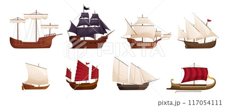 Old cartoon sailboats. Wooden ships, sailing ship, wind sail boat pirate frigate warship longboat simple schooner nave, traditional ancient sailboat sea galleon, ingenious vector set of boat old ship 117054111