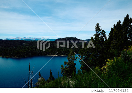 lake surrounded by green trees and mountain landscape 117054122