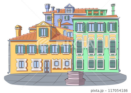 Vector drawing of old traditional houses on small square with well in Venice. 117054186