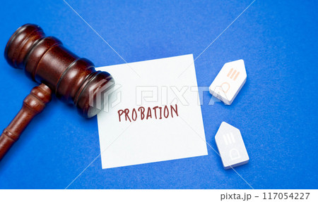Inscription Probation and houses with gavel. Legal processes and regulations governing the distribution of a deceased person's estate. Court process in law Inscription Probation and houses with gavel. Legal processes and regulations governing the distribution of a deceased person's estate. Court process in law 117054227