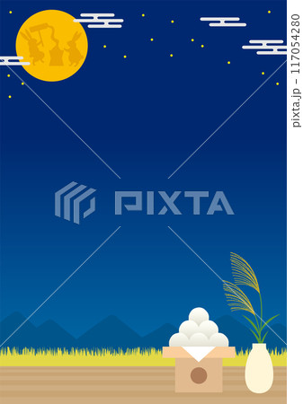 お月見をイメージした兎のいる月と月見団子とススキの背景_縦 117054280