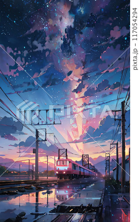 海に続く電信柱と夕焼けの風景画 117054294