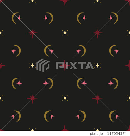 Seamless pattern with celestial motifs. Stars and moons boho wallpaper. Seamless pattern with celestial motifs. Stars and moons boho wallpaper. 117054374