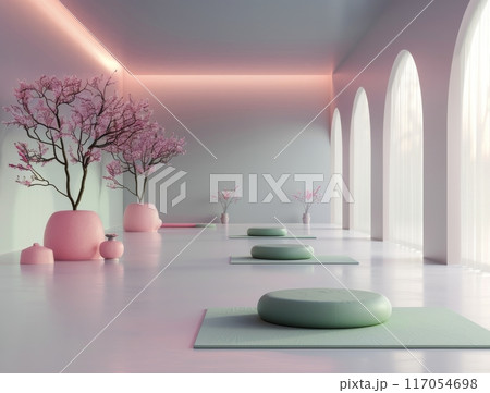 Serene Meditation Space With Pink Cherry Blossoms in Soft Lighting 117054698