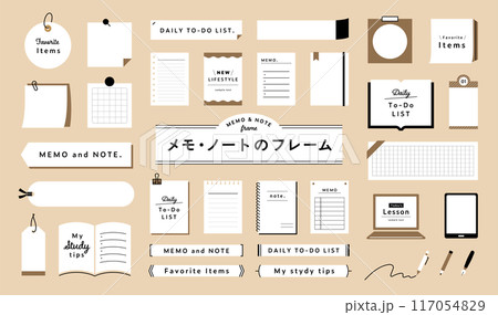 メモ・ノート・文房具のフレームのセット あしらい 飾り 装飾 枠 付箋 メモ帳 素材 シンプル 本のイラスト素材 [117054829 ...