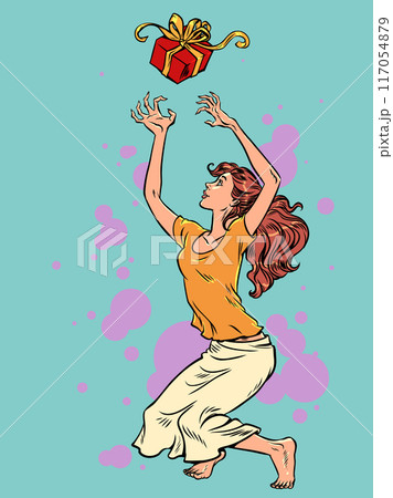 Pop Art Retro A woman catches a gift with both hands. Relatives' upcoming birthdays and holidays. Great offers and promotions for gifts. Pop Art Retro A woman catches a gift with both hands. Relatives' upcoming birthdays and holidays. Great offers and promotions for gifts. 117054879