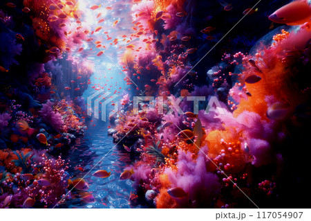 Underwater river. Life in a coral reef. The rich colours of tropical fish. Animals of the underwater marine world. Ecosystem. Horizontal. Background 117054907