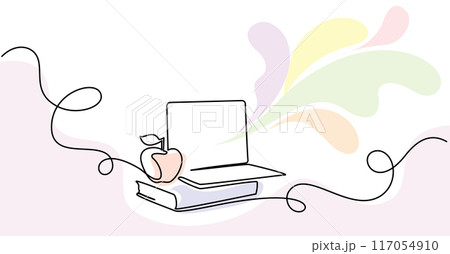 Book stack with notebook and apple over. Corner frame. 117054910