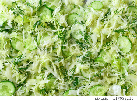 salad of fresh cabbage with cucumber and dill background texture flat lay. 117055110
