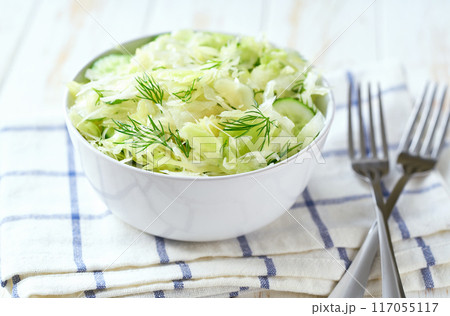 Bowl of homemade salad of cabbage,cucumber and dill on a white wooden table, selective focus. Bowl of homemade salad of cabbage,cucumber and dill on a white wooden table, selective focus. 117055117