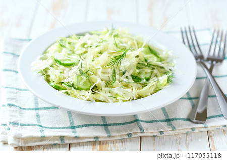 Fresh vegetable salad of of cabbage, cucumber and dill on a wooden table, selective focus. 117055118