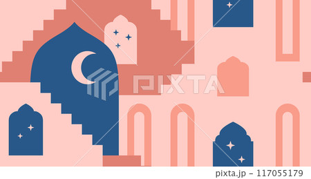 Moroccan red city wall with arch, window, gate, crescent. Arabic style landscape with stars, moon. Vector seamless border. 117055179