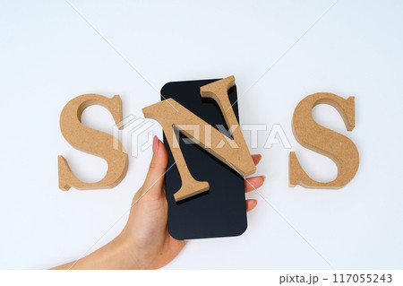 「SNS」と並べられたアルファベットの木製ブロック 117055243