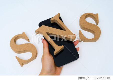 「SNS」と並べられたアルファベットの木製ブロック 「SNS」と並べられたアルファベットの木製ブロック 117055246