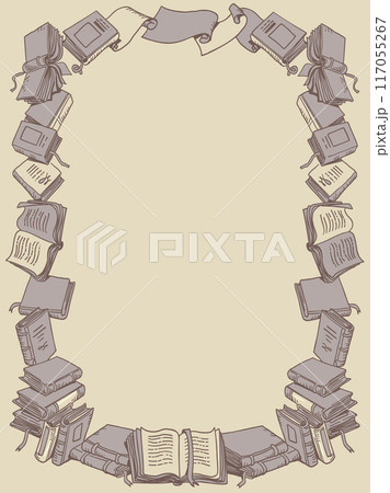 Background frame made of many books and parchments. Bookstore and its assortment. Learning through wisdom and reading. 117055267