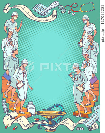 Illustration of doctors, medicines and medicine in general. A range of convenient medical services for clients. Take care of your health together with professional surgeons and doctors. 117055283