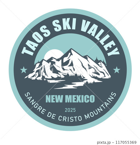 Taos Ski Valley, New Mexico, Sangre de Cristo ski resort stamp, emblem with snow covered mountains, vector Taos Ski Valley, New Mexico, Sangre de Cristo ski resort stamp, emblem with snow covered mountains, vector 117055369
