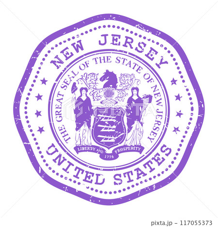 New Jersey state stamp with seal, USA travel stamp, shabby postmark of New Jersey, vector 117055373