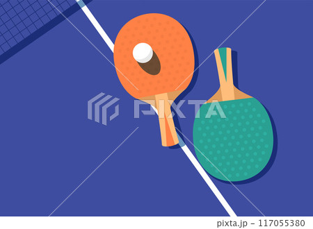 Two ping-pong rackets and ball on table, table tennis net shadow, competition poster, view from above, vector 117055380