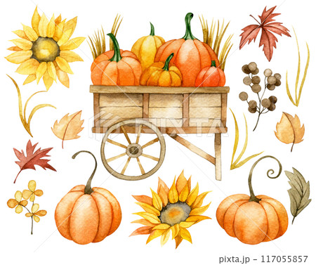 watercolor drawing, set cart with pumpkins and sunflower flowers in vintage style. card for thanksgiving day, rural, harvest holiday 117055857