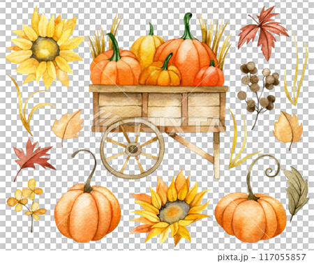 watercolor drawing, set cart with pumpkins and sunflower flowers in vintage style. card for thanksgiving day, rural, harvest holiday 117055857