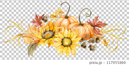 watercolor drawing. autumn composition with harvest, with pumpkins and sunflower flowers in vintage style. thanksgiving card decoration, autumn, harvest festival 117055860
